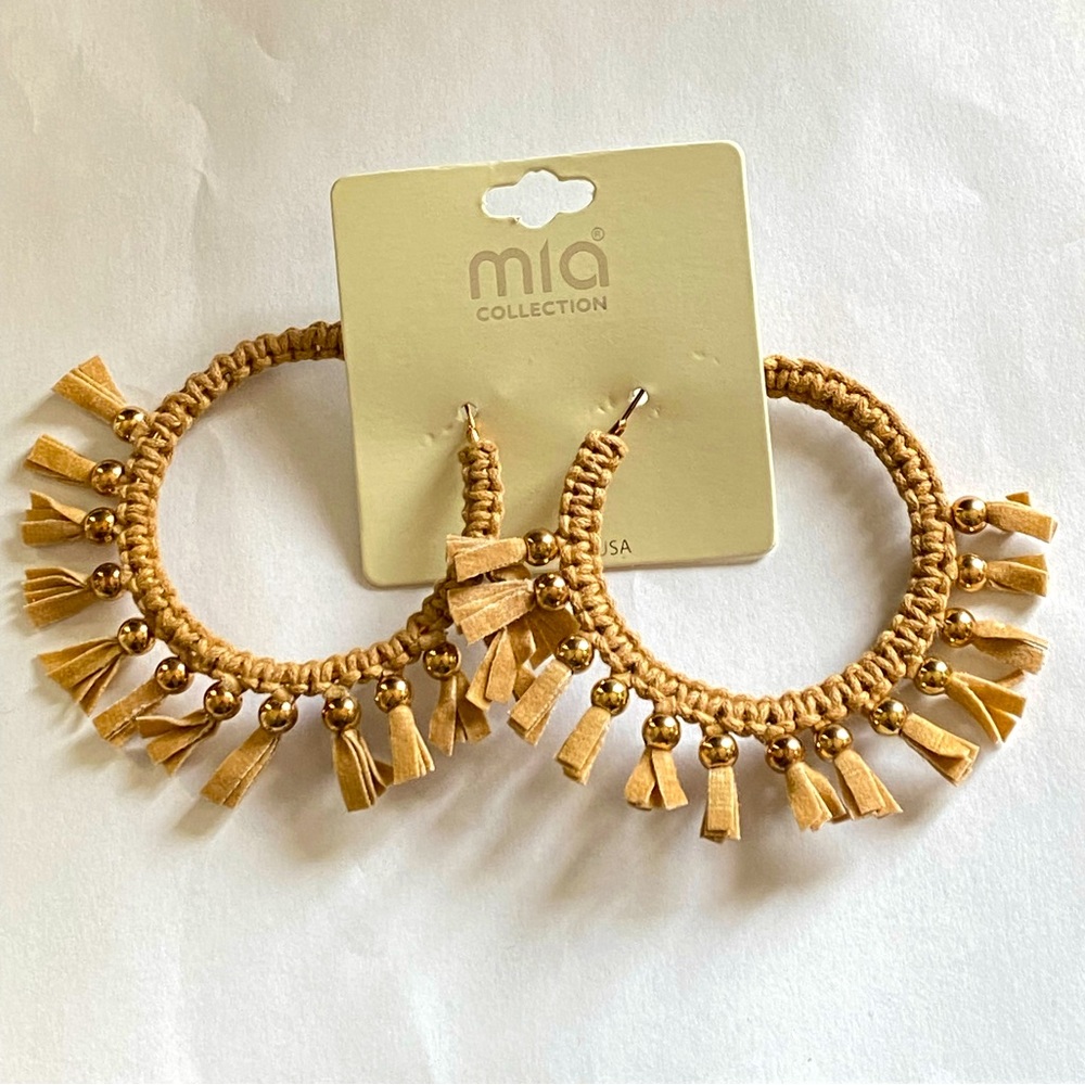 Mia collection tan and gold statement hoop earrings